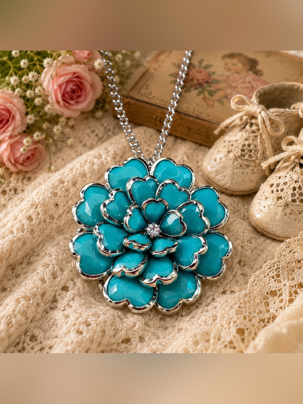 Turquoise Blue Flower Statement Pendant Necklace 28” Silver Tone Rhinestone